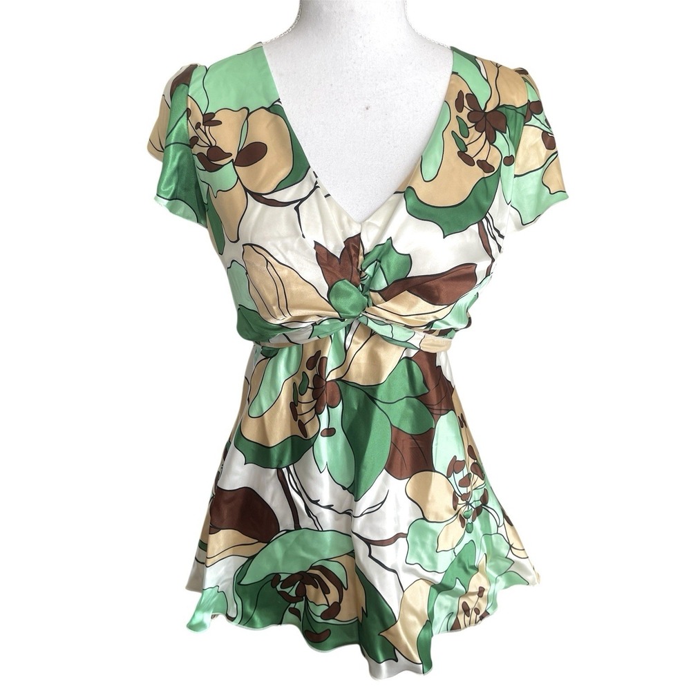 NWT Vintage DressBarn Y2k Green Satin Babydoll Top Forest‎ Fairy Retro Boho Sz L